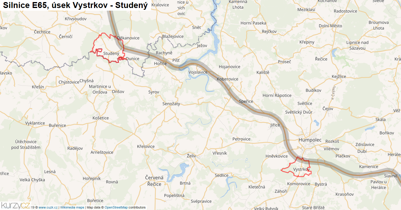 Úsek Vystrkov - Studený, Silnice E65 - Mapa