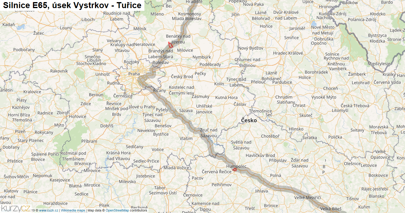 Úsek Vystrkov - Tuřice, Silnice E65 - Mapa