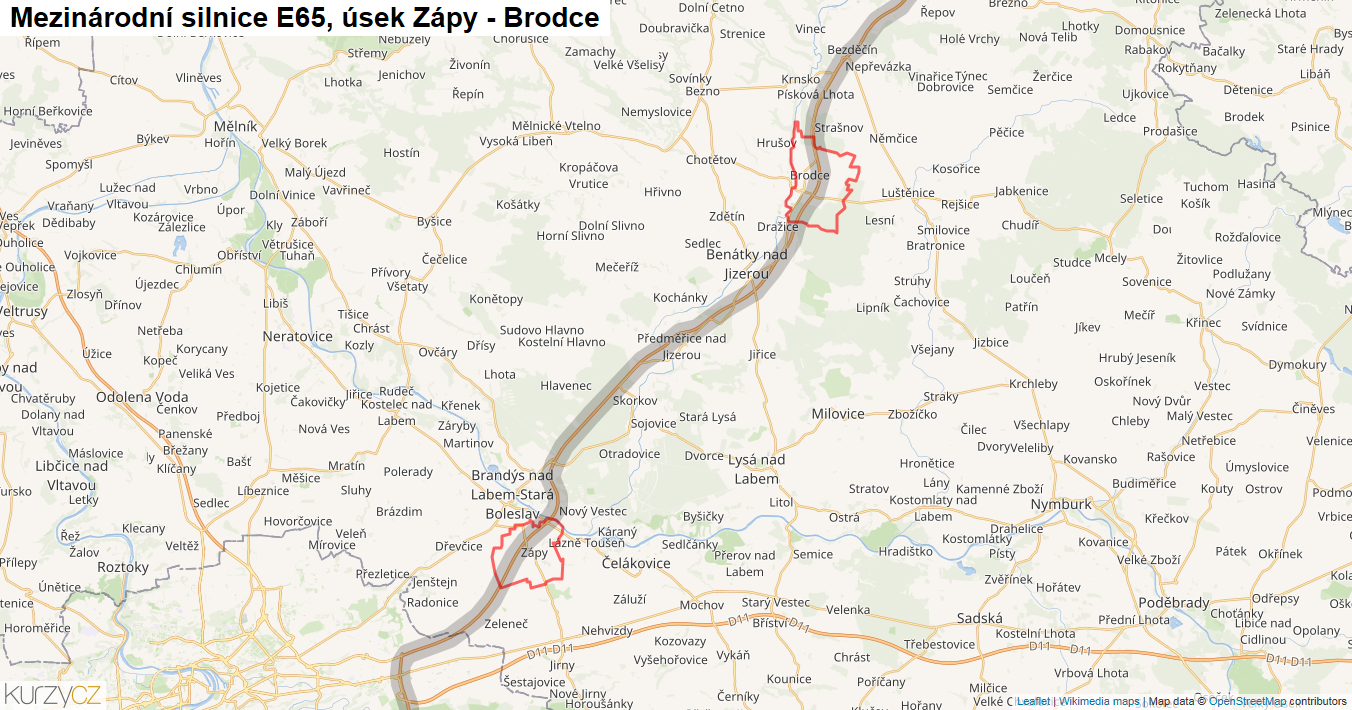 Úsek Zápy - Brodce, Silnice E65 - Mapa
