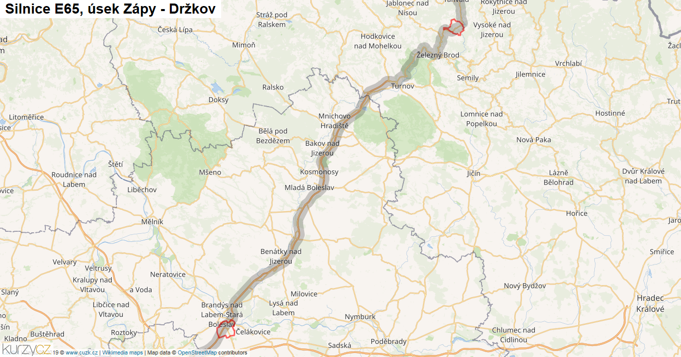Úsek Zápy - Držkov, Silnice E65 - Mapa