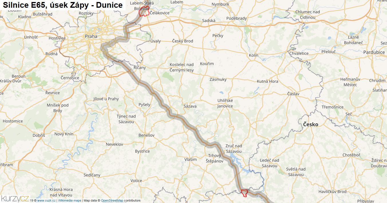 Úsek Zápy - Dunice, Silnice E65 - Mapa
