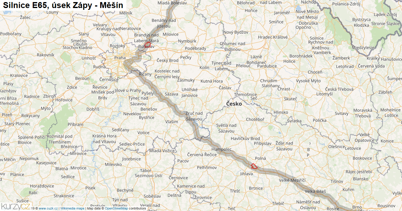 Úsek Zápy - Měšín, Silnice E65 - Mapa