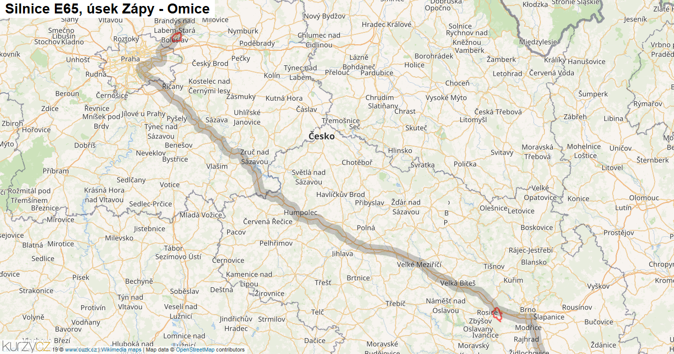 Úsek Zápy - Omice, Silnice E65 - Mapa