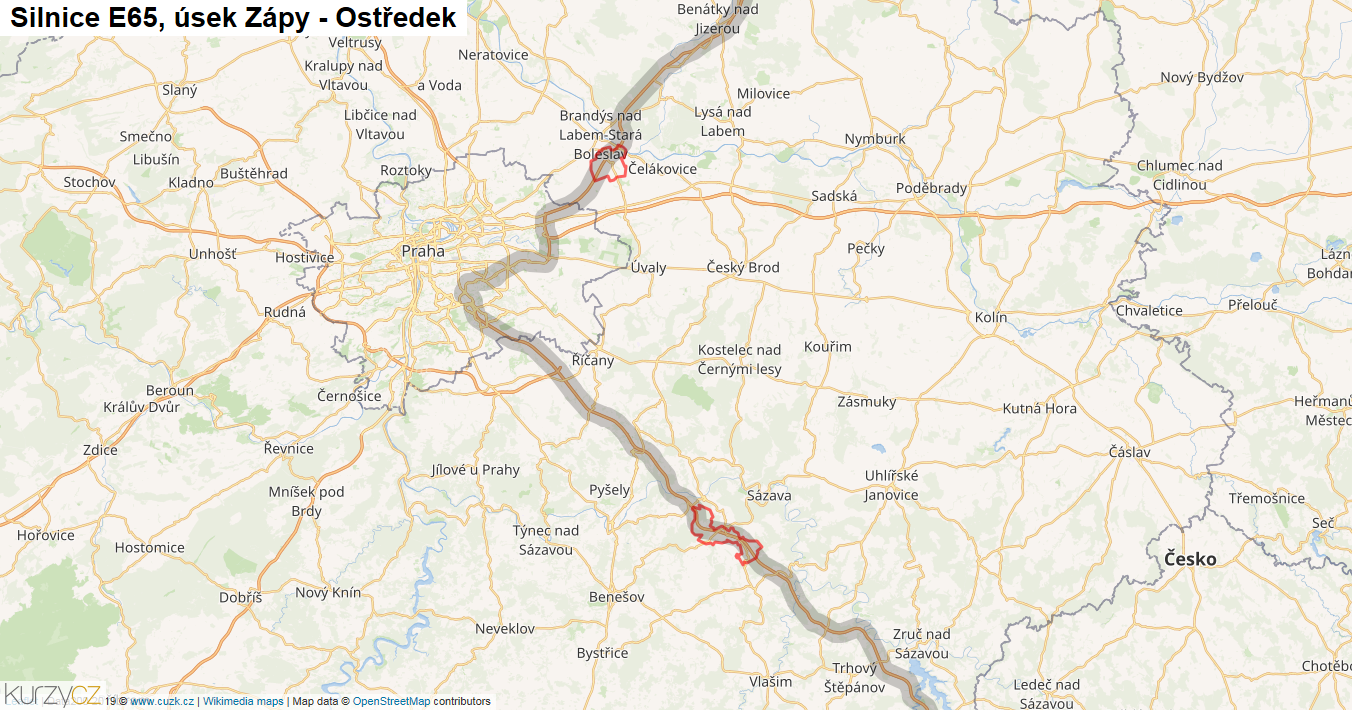 Úsek Zápy - Ostředek, Silnice E65 - Mapa