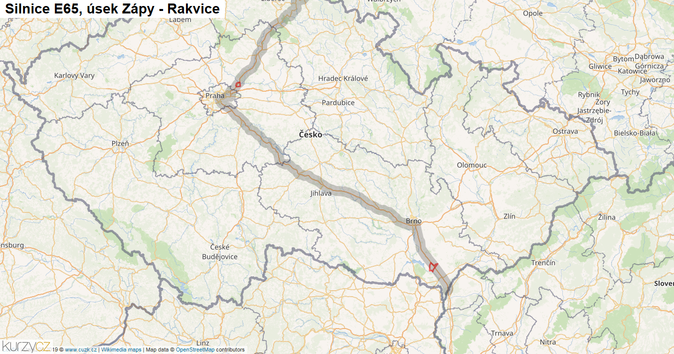 Úsek Zápy - Rakvice, Silnice E65 - Mapa