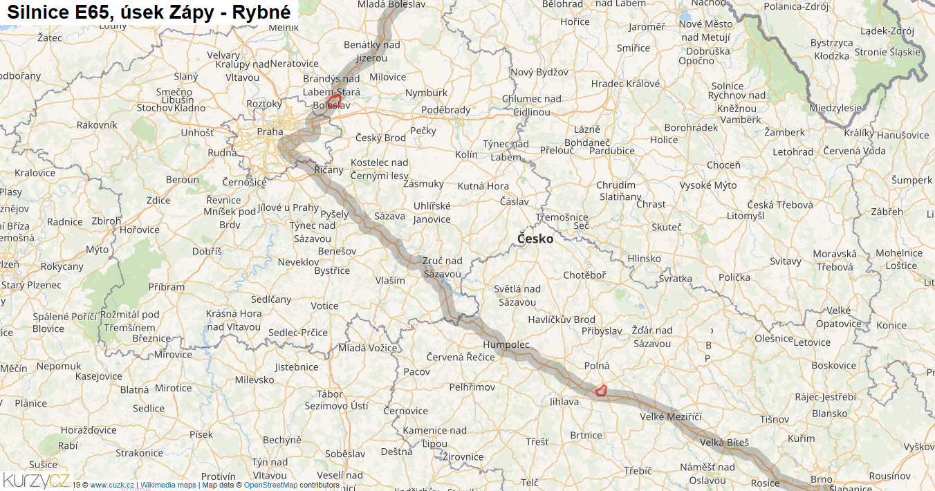 Úsek Zápy - Rybné, Silnice E65 - Mapa