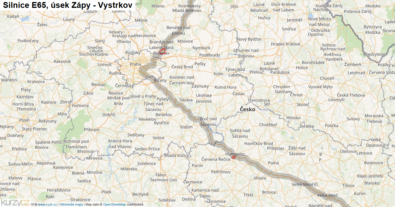 Úsek Zápy - Vystrkov, Silnice E65 - Mapa