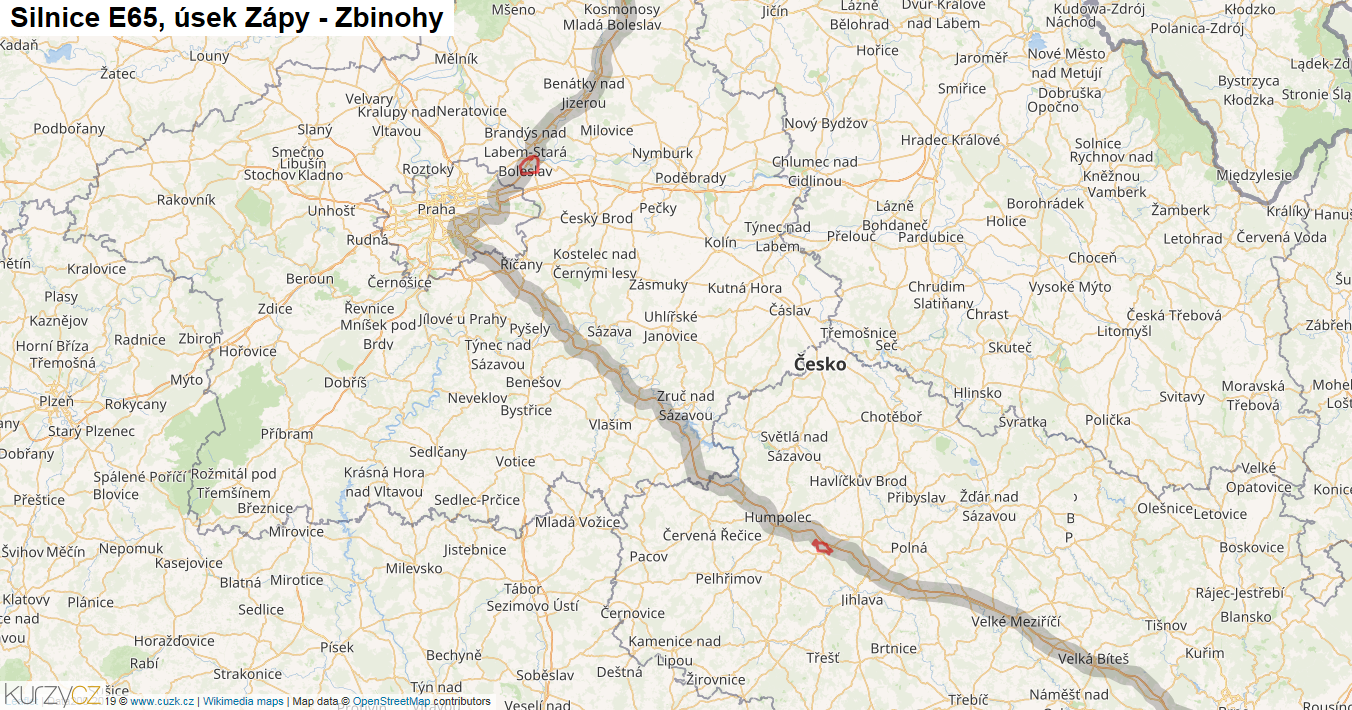 Úsek Zápy - Zbinohy, Silnice E65 - Mapa