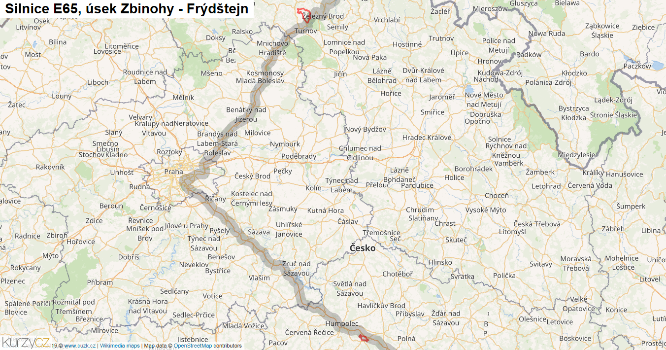 Úsek Zbinohy - Frýdštejn, Silnice E65 - Mapa