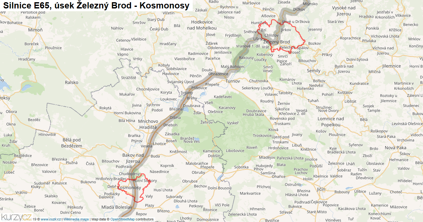 Úsek Železný Brod - Kosmonosy, Silnice E65 - Mapa
