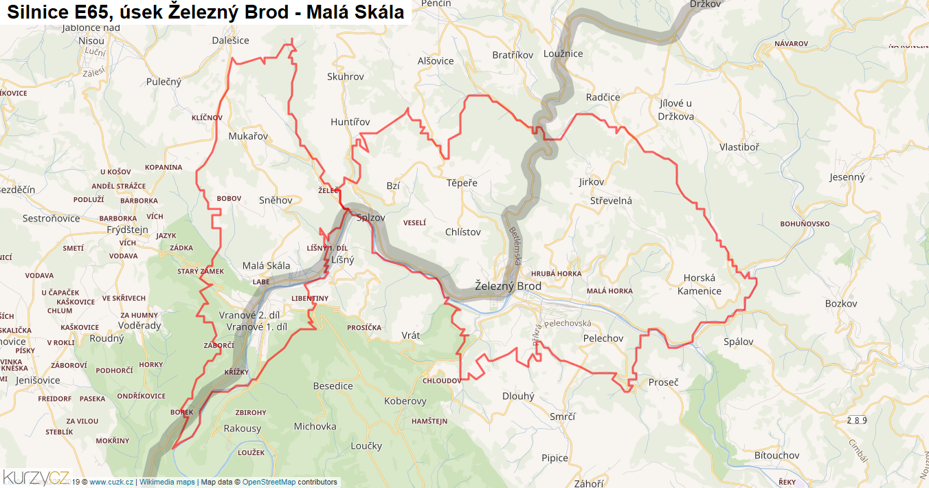 Úsek Železný Brod - Malá Skála, Silnice E65 - Mapa