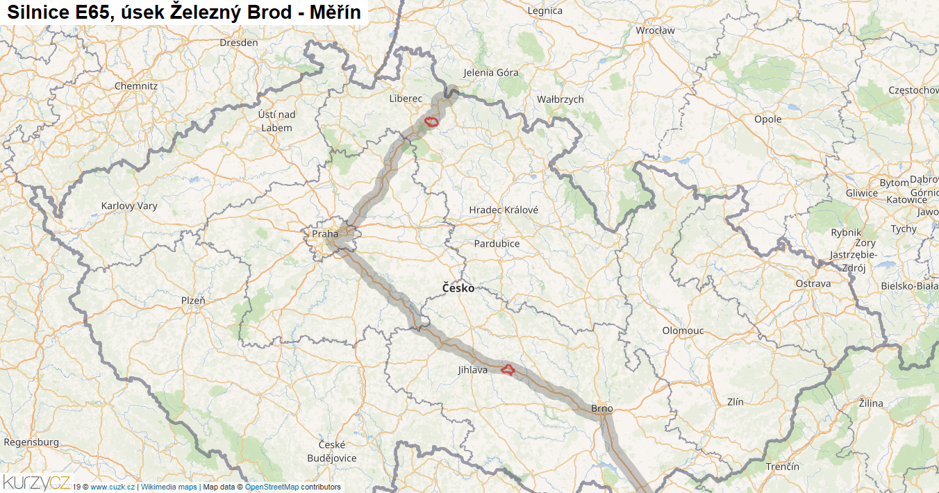 Úsek Železný Brod - Měřín, Silnice E65 - Mapa