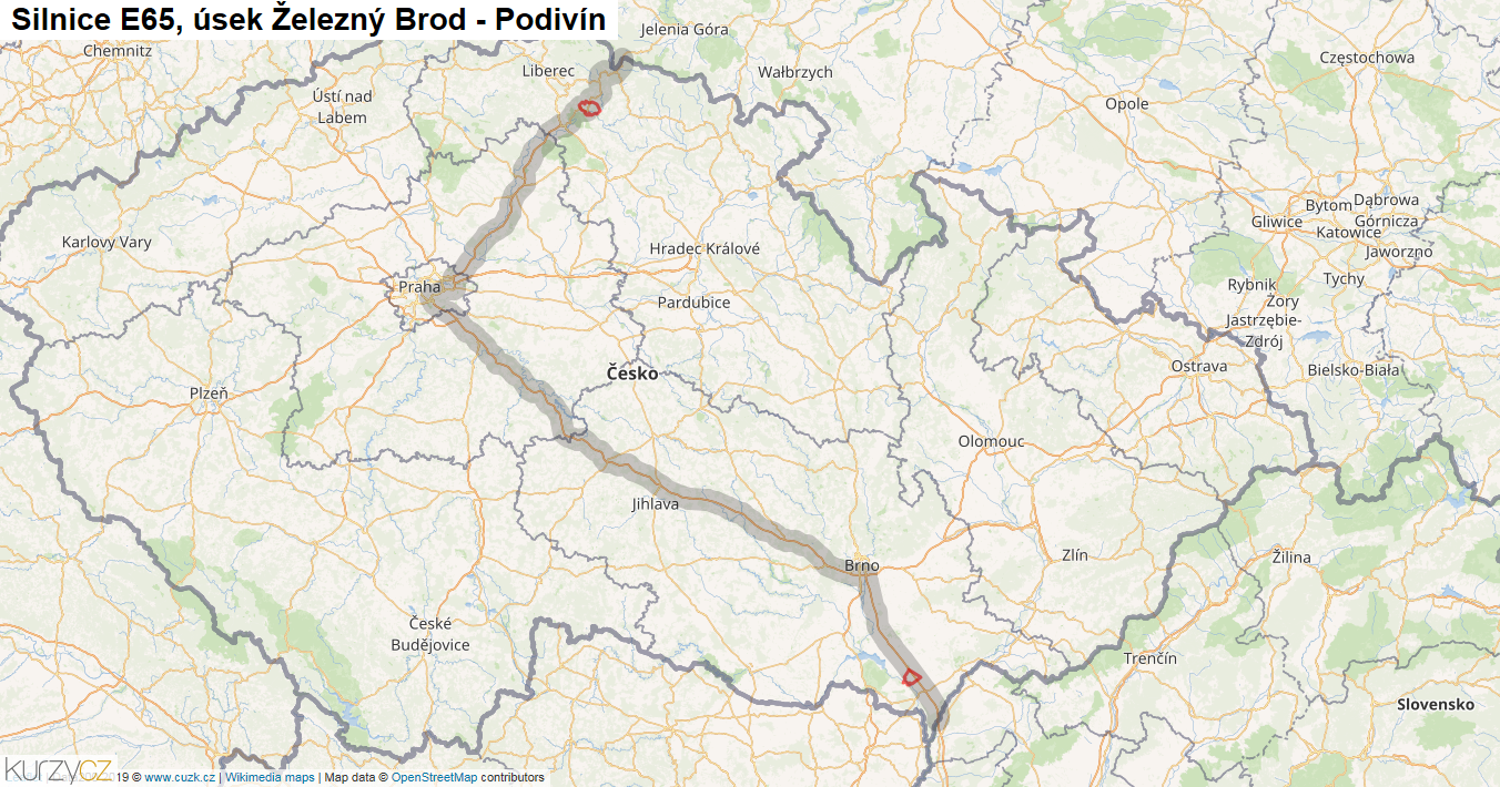 Úsek Železný Brod - Podivín, Silnice E65 - Mapa