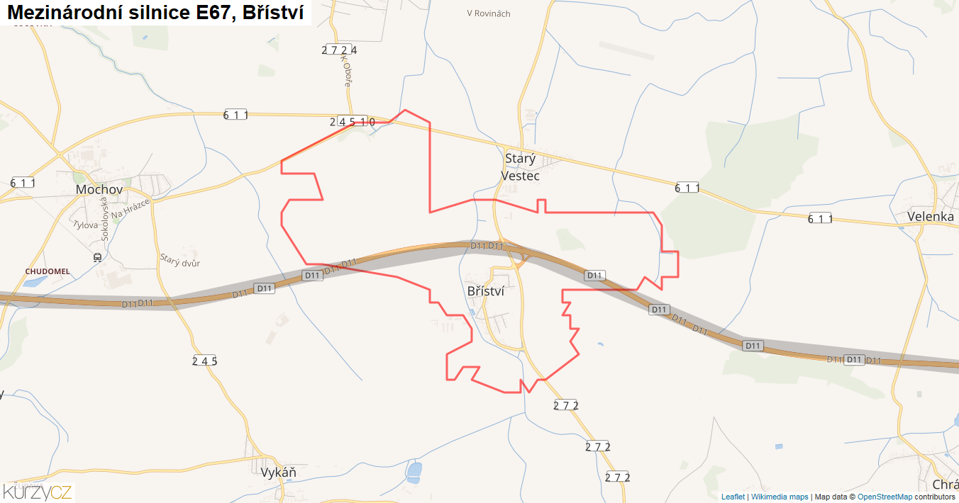 Bříství, Silnice E67 - Mapa