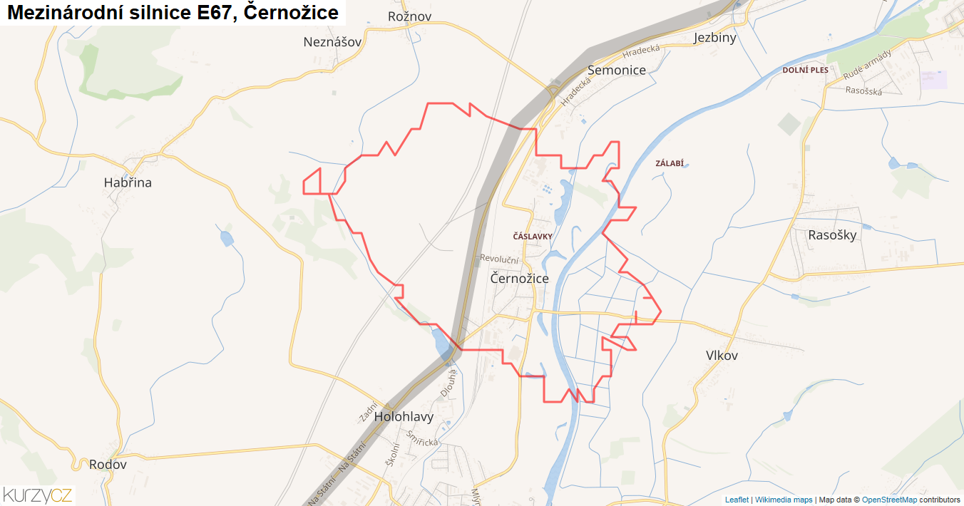 Černožice, Silnice E67 - Mapa