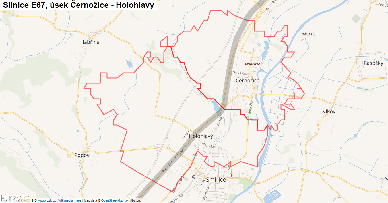 Úsek Černožice - Holohlavy, Silnice E67 - Mapa