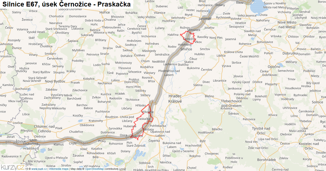 Úsek Černožice - Praskačka, Silnice E67 - Mapa