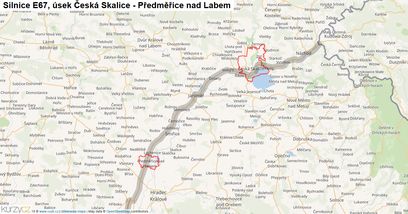 Úsek Česká Skalice - Předměřice nad Labem, Silnice E67 - Mapa
