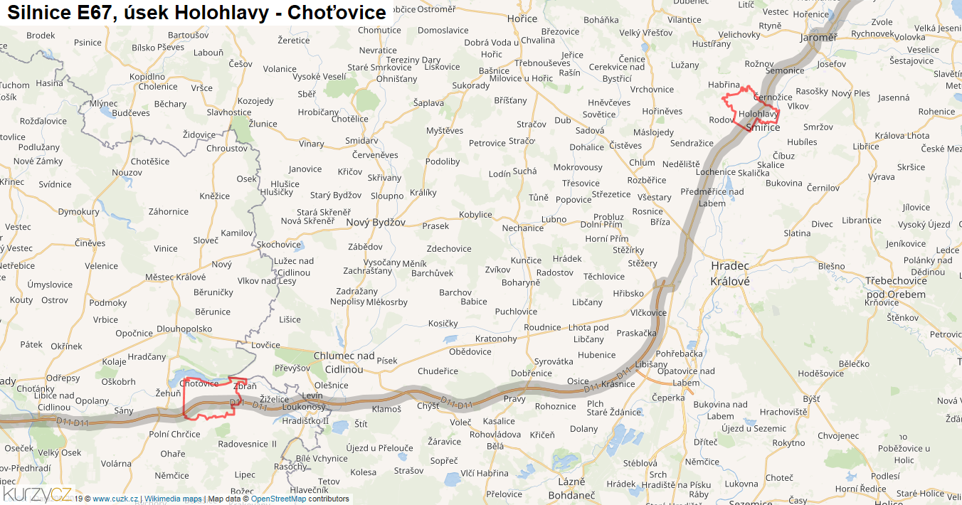Úsek Holohlavy - Choťovice, Silnice E67 - Mapa