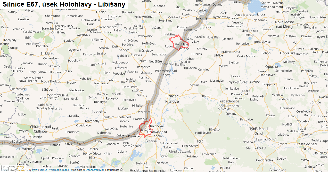 Úsek Holohlavy - Libišany, Silnice E67 - Mapa