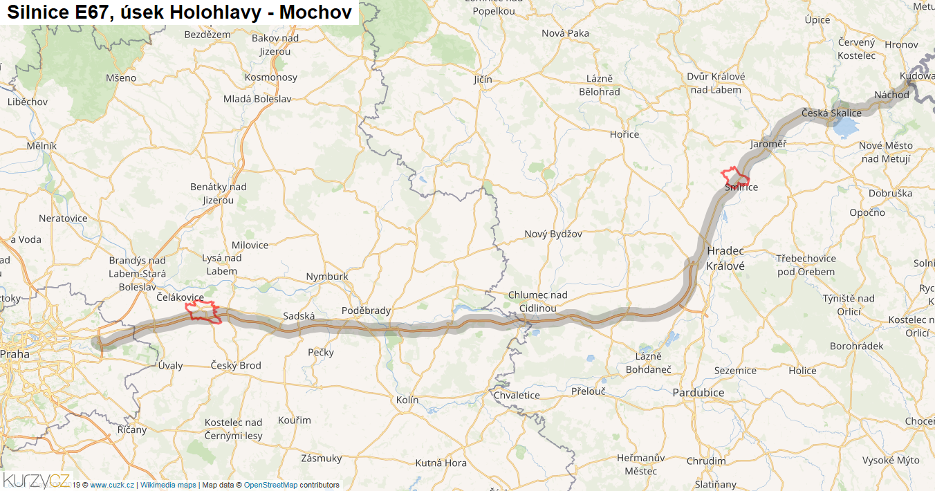 Úsek Holohlavy - Mochov, Silnice E67 - Mapa