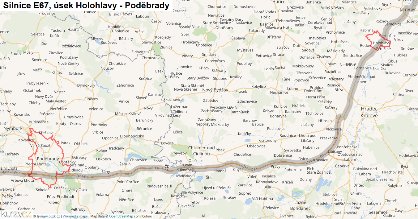 Úsek Holohlavy - Poděbrady, Silnice E67 - Mapa