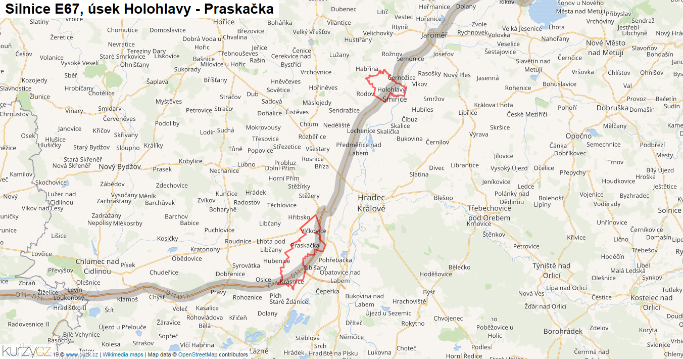 Úsek Holohlavy - Praskačka, Silnice E67 - Mapa