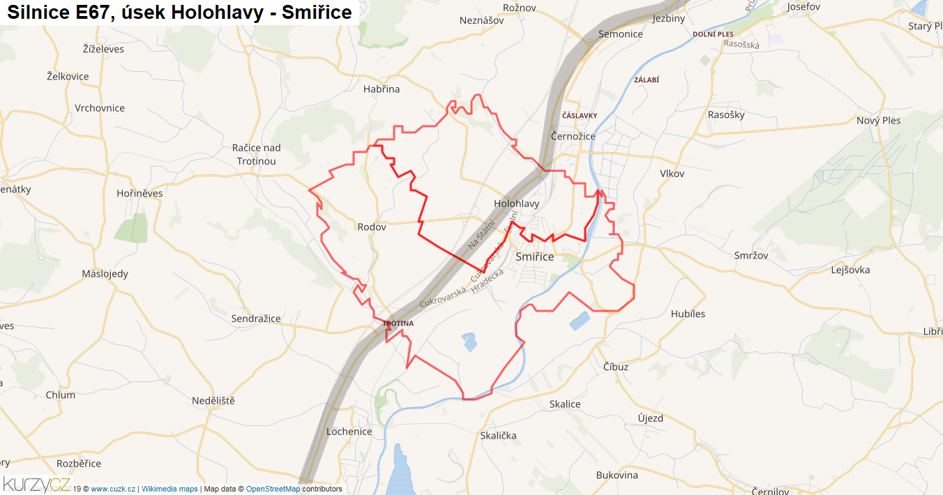 Úsek Holohlavy - Smiřice, Silnice E67 - Mapa