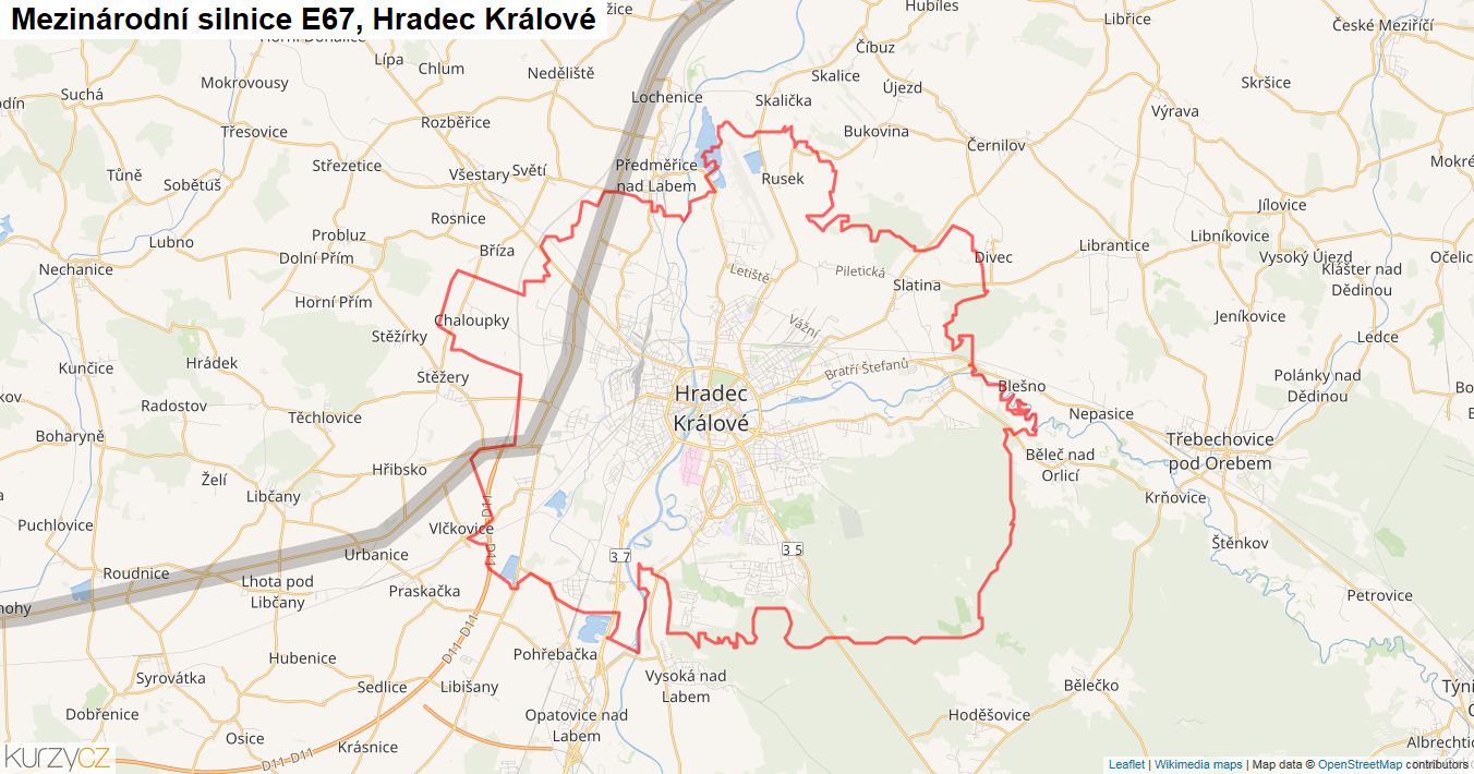 Hradec Králové, Silnice E67 - Mapa