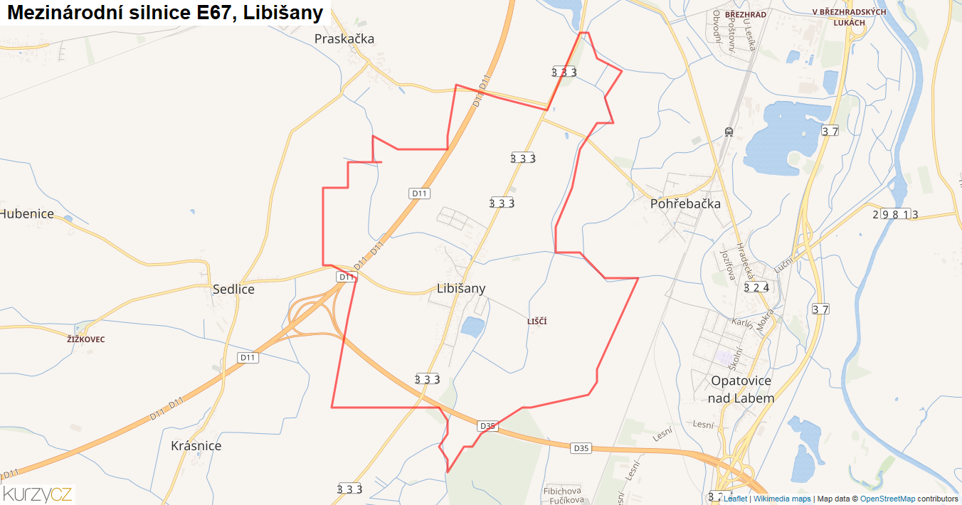 Libišany, Silnice E67 - Mapa