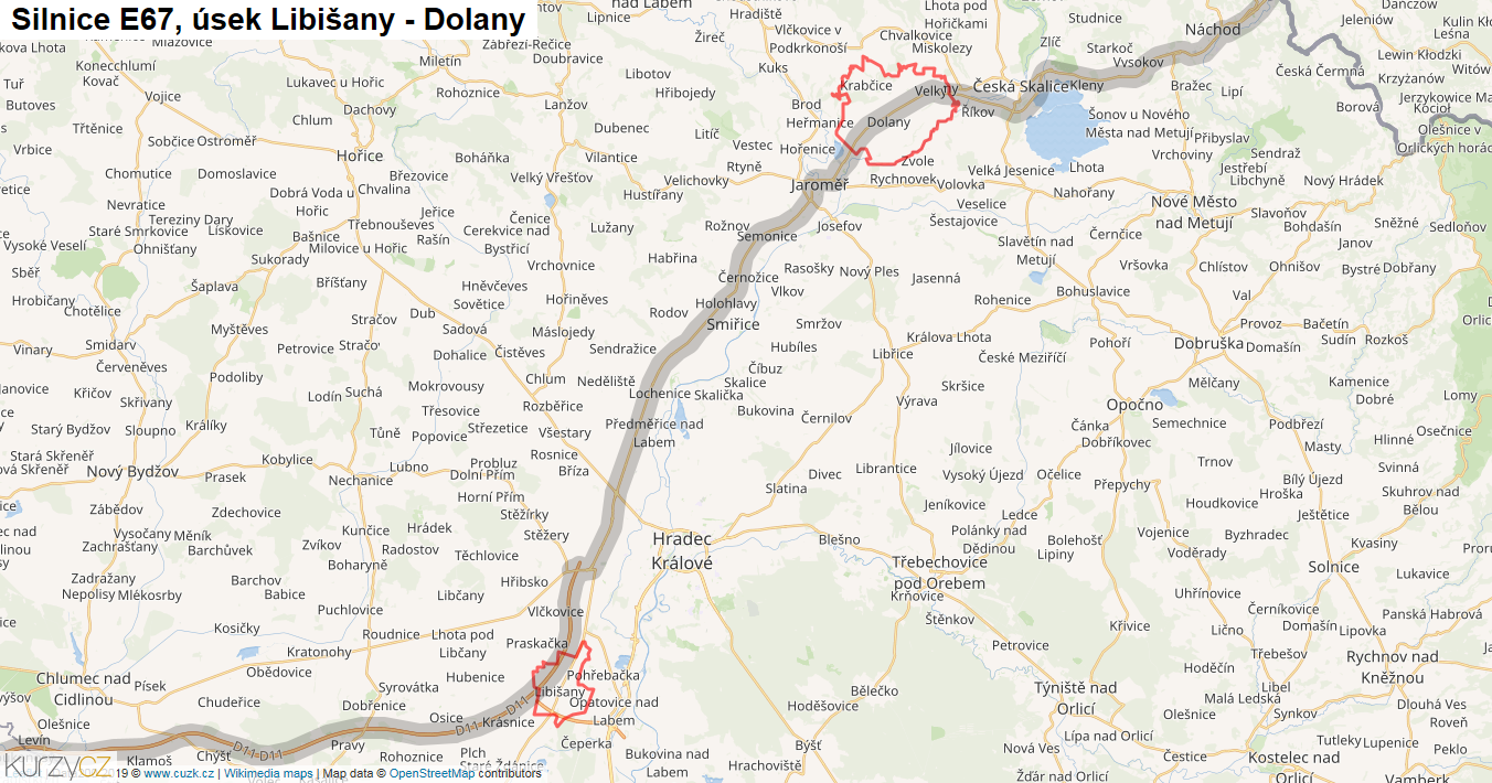 Úsek Libišany - Dolany, Silnice E67 - Mapa