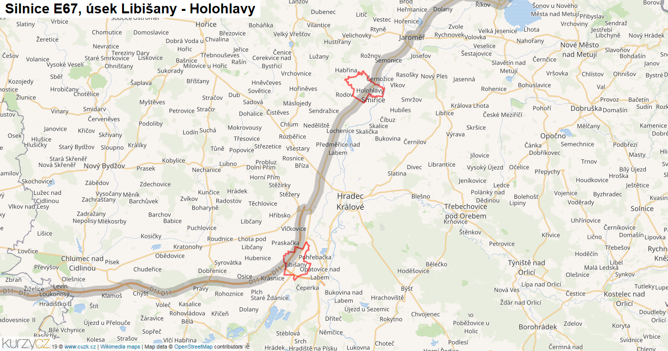 Úsek Libišany - Holohlavy, Silnice E67 - Mapa