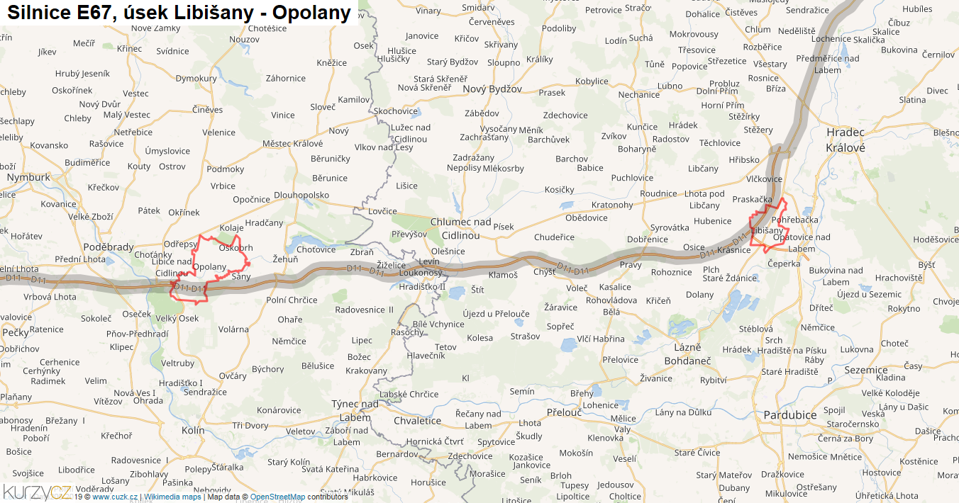 Úsek Libišany - Opolany, Silnice E67 - Mapa