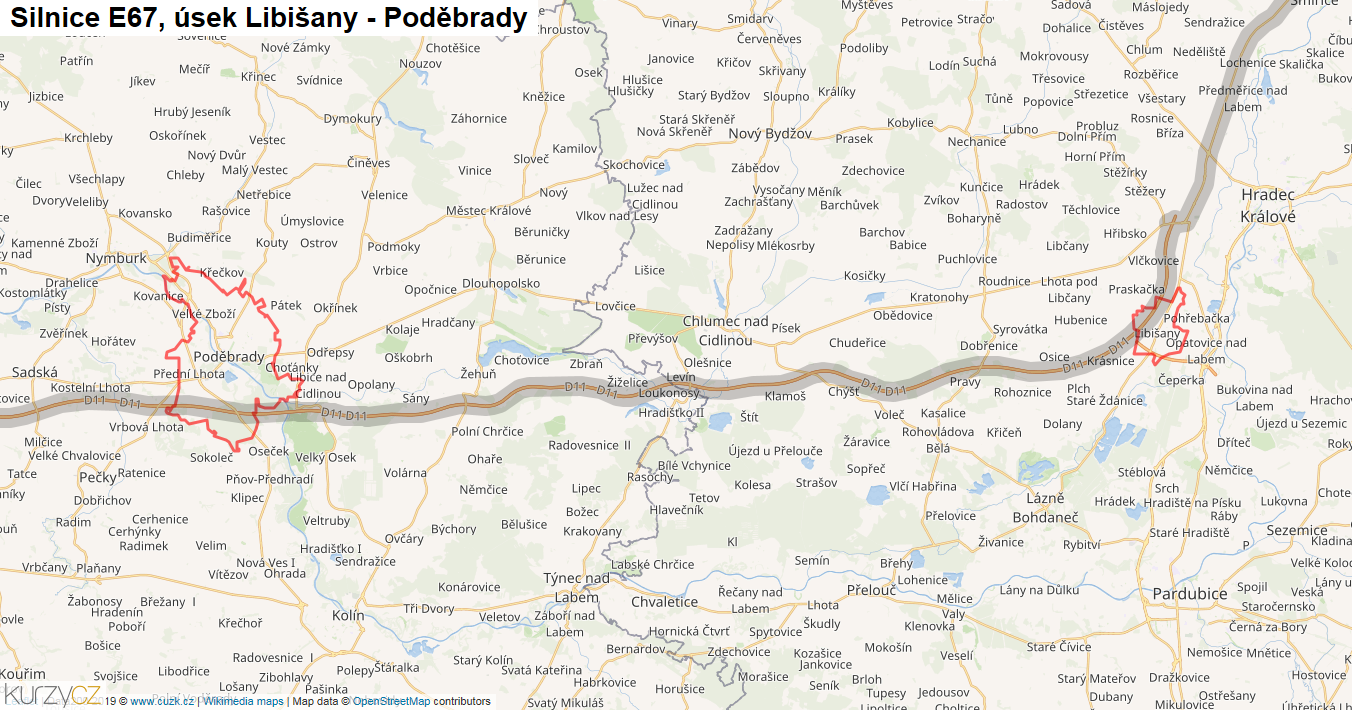 Úsek Libišany - Poděbrady, Silnice E67 - Mapa