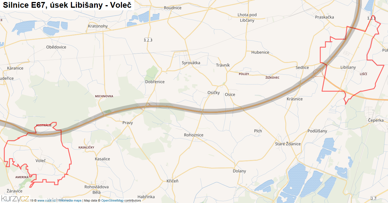 Úsek Libišany - Voleč, Silnice E67 - Mapa