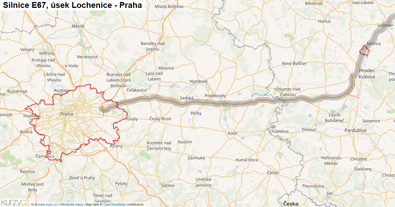 Úsek Lochenice - Praha, Silnice E67 - Mapa