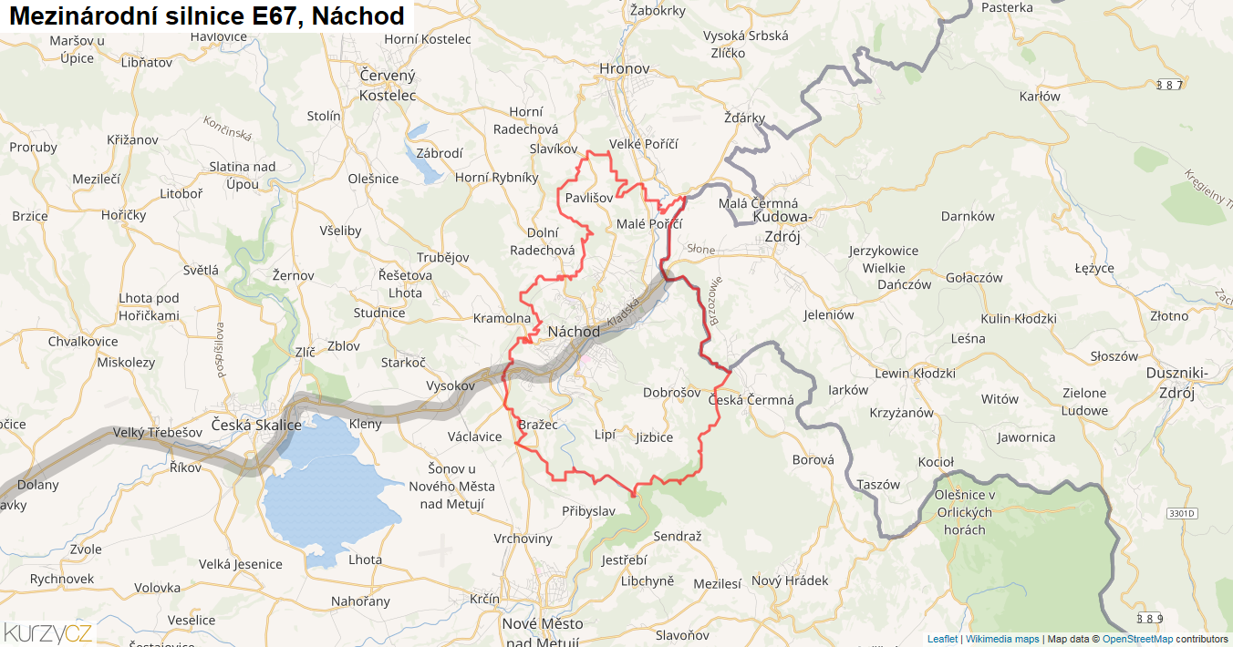 Náchod, Silnice E67 - Mapa