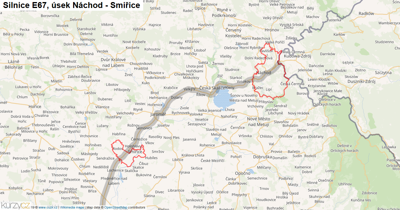 Úsek Náchod - Smiřice, Silnice E67 - Mapa