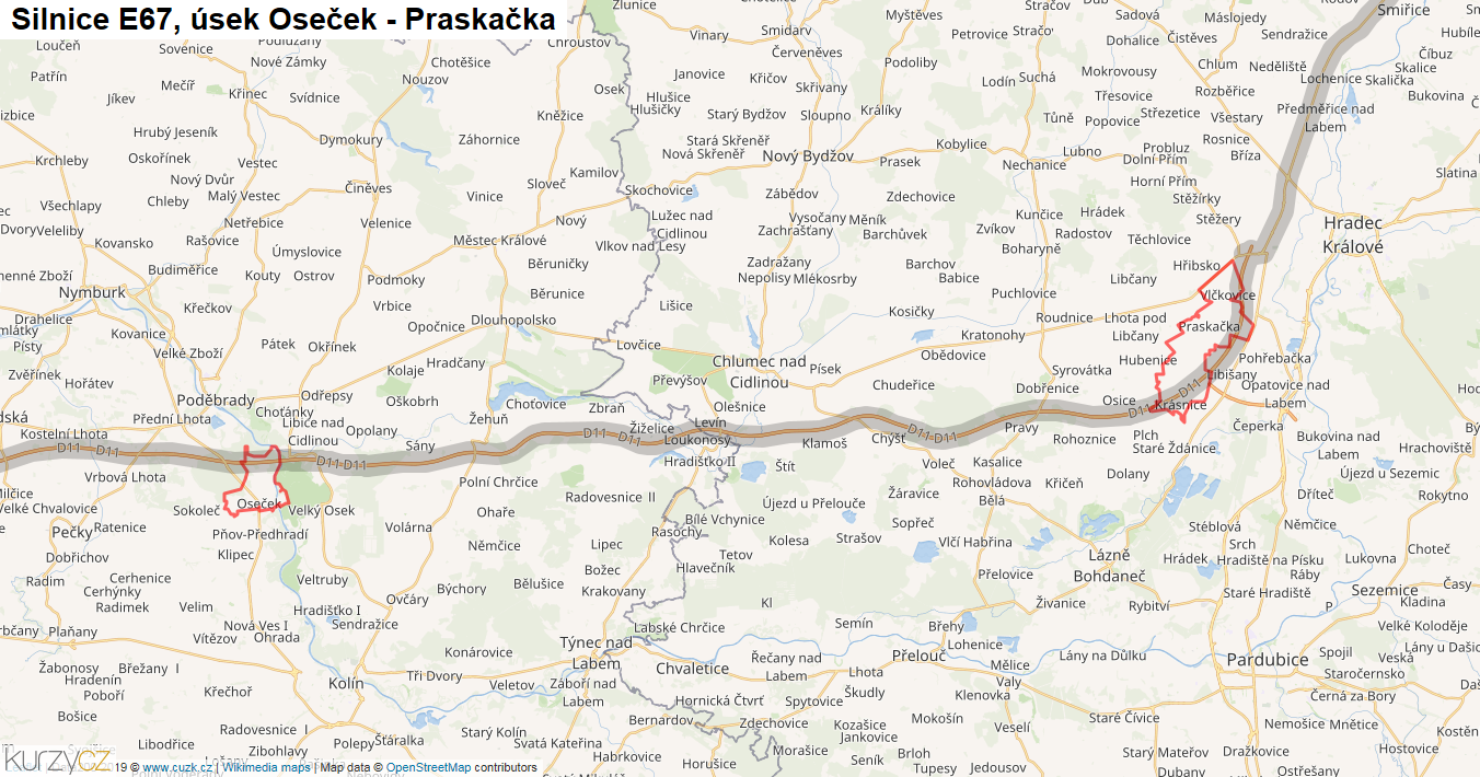 Úsek Oseček - Praskačka, Silnice E67 - Mapa