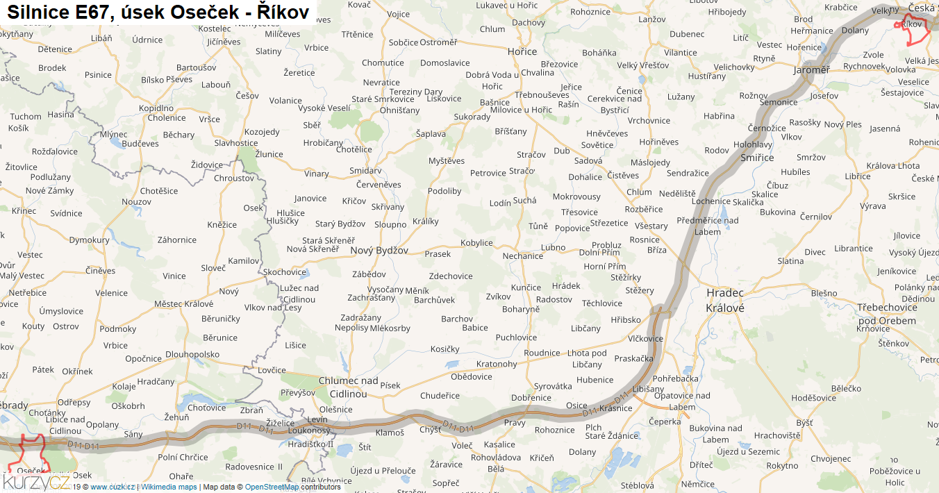 Úsek Oseček - Říkov, Silnice E67 - Mapa