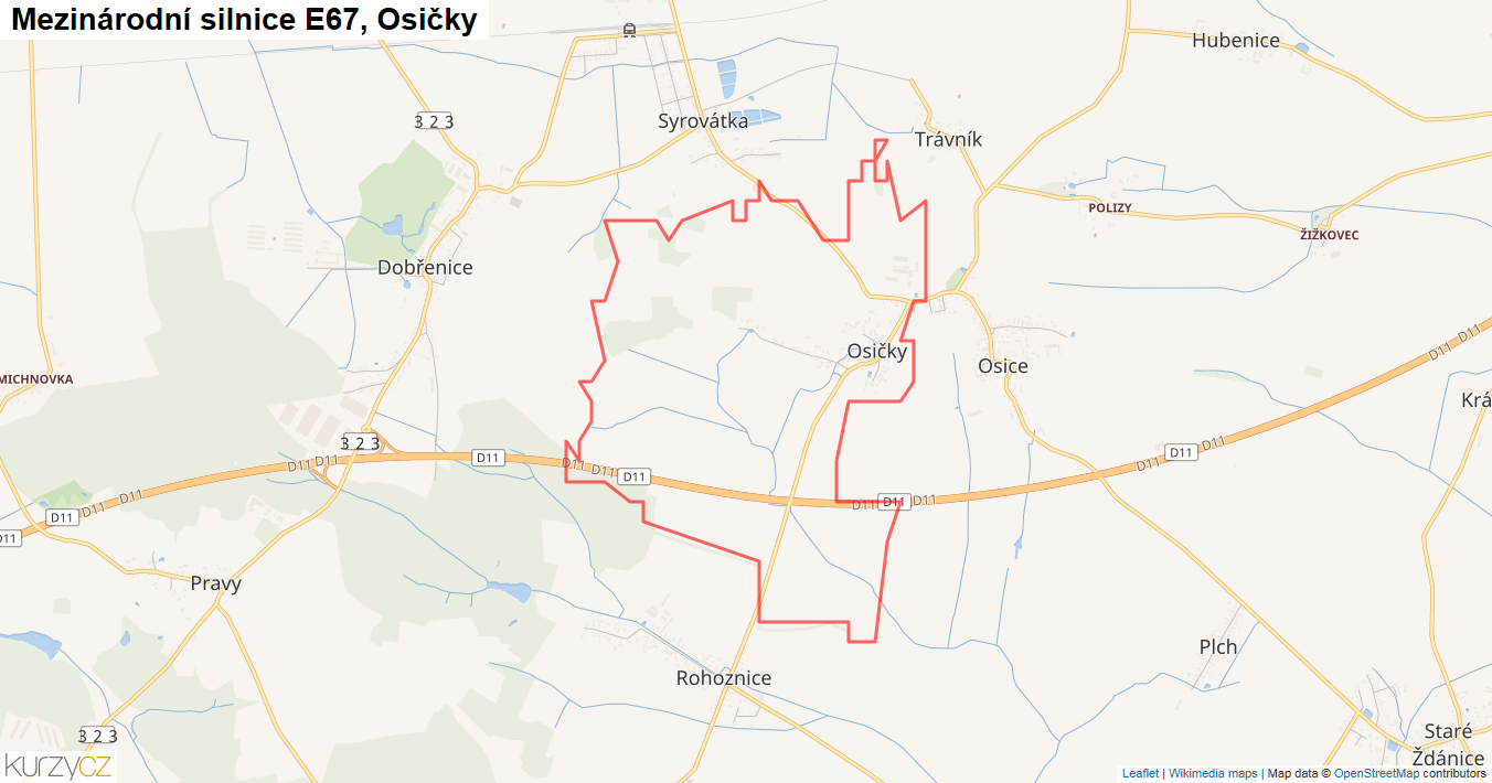 Osičky, Silnice E67 - Mapa