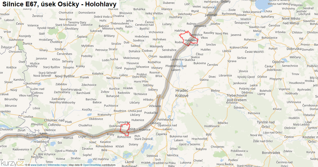 Úsek Osičky - Holohlavy, Silnice E67 - Mapa