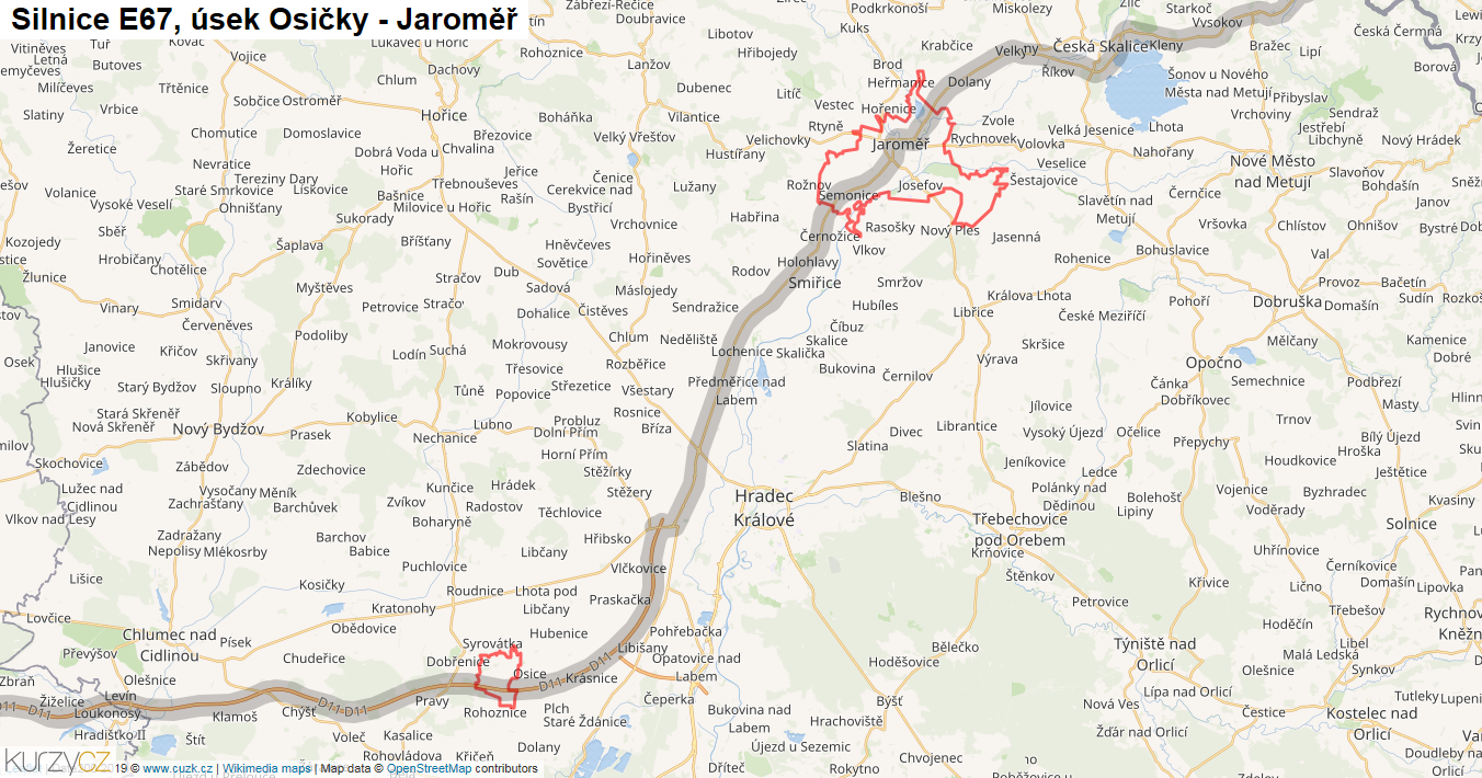 Úsek Osičky - Jaroměř, Silnice E67 - Mapa