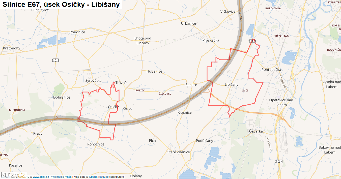 Úsek Osičky - Libišany, Silnice E67 - Mapa
