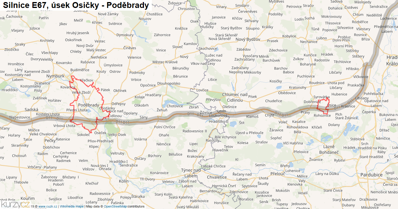Úsek Osičky - Poděbrady, Silnice E67 - Mapa
