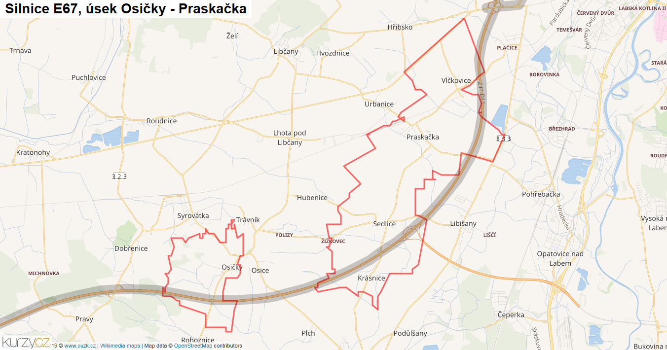 Úsek Osičky - Praskačka, Silnice E67 - Mapa