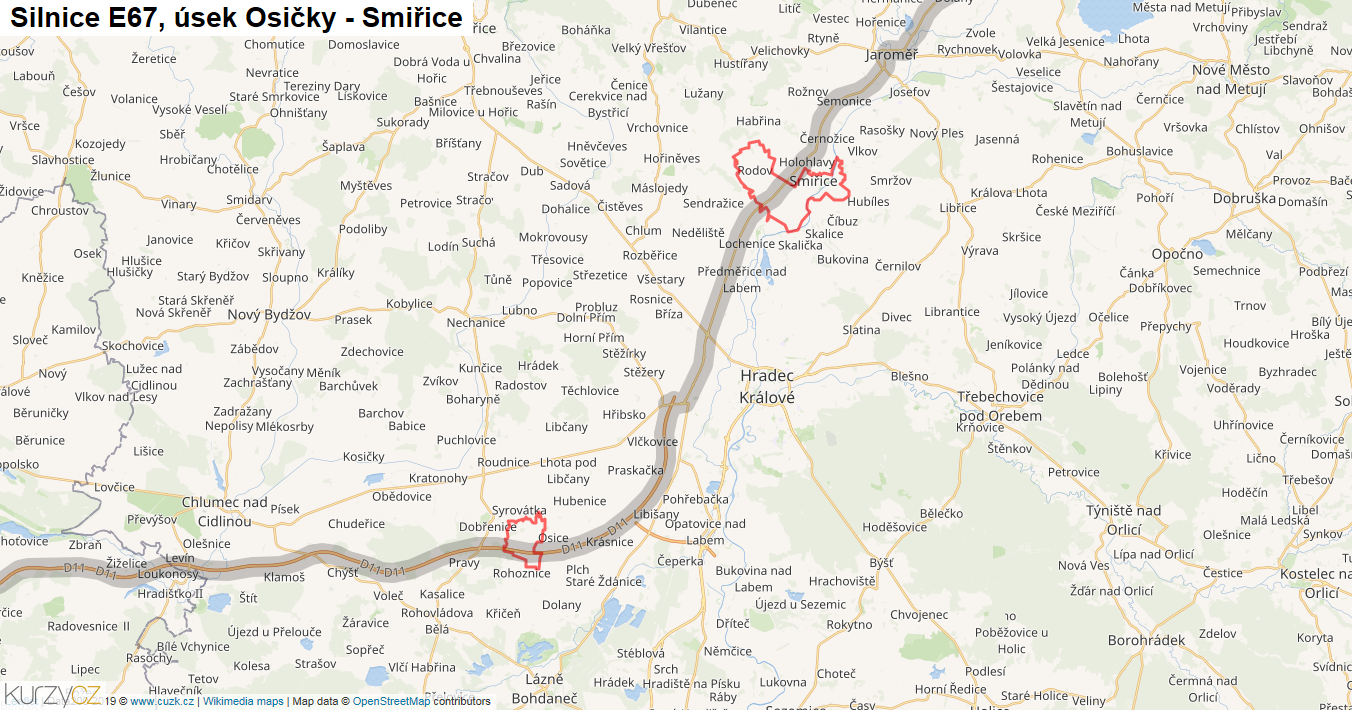 Úsek Osičky - Smiřice, Silnice E67 - Mapa