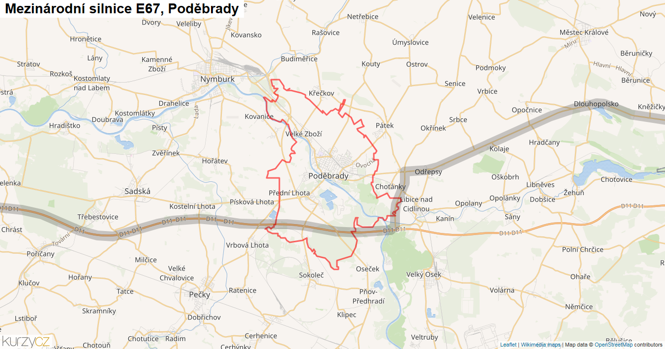 Poděbrady, Silnice E67 - Mapa