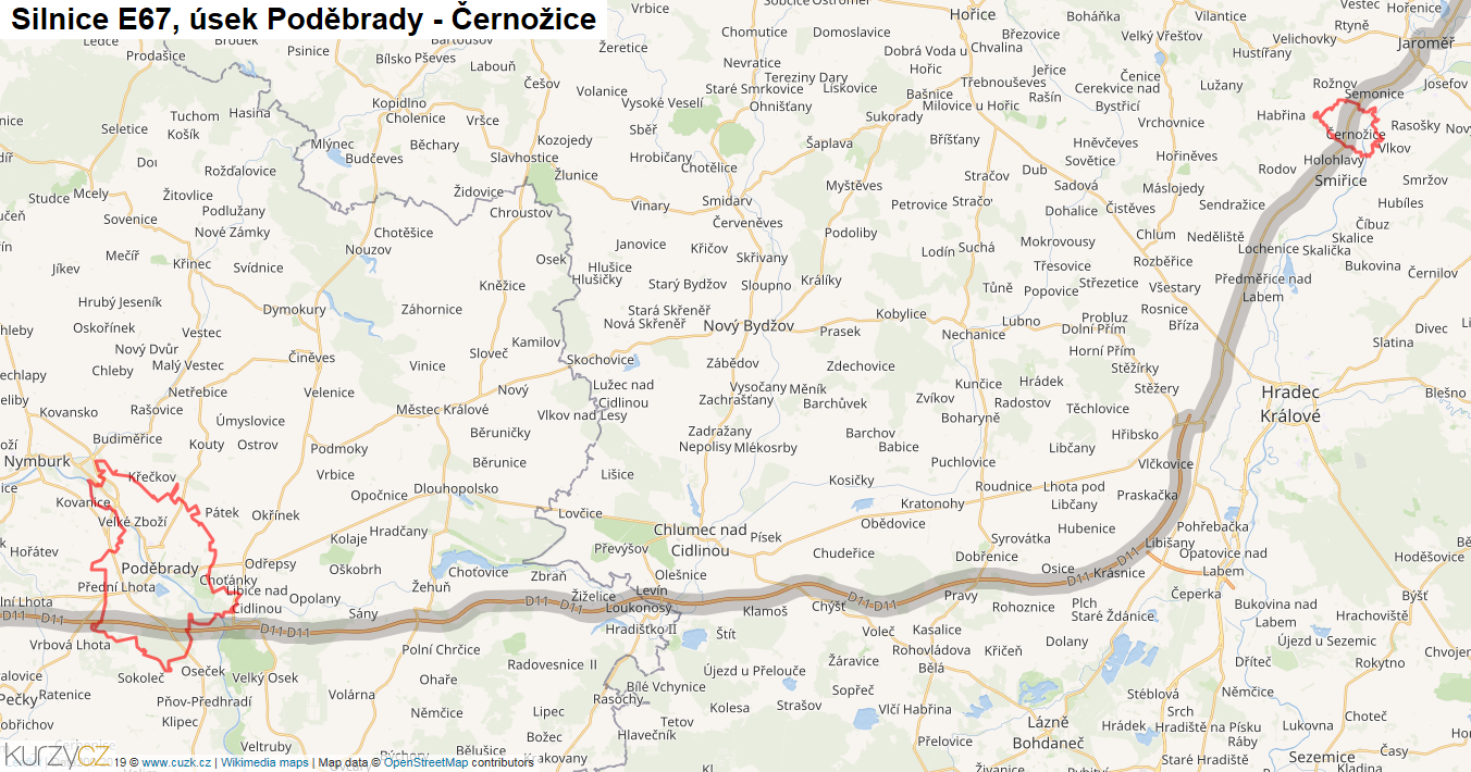 Úsek Poděbrady - Černožice, Silnice E67 - Mapa