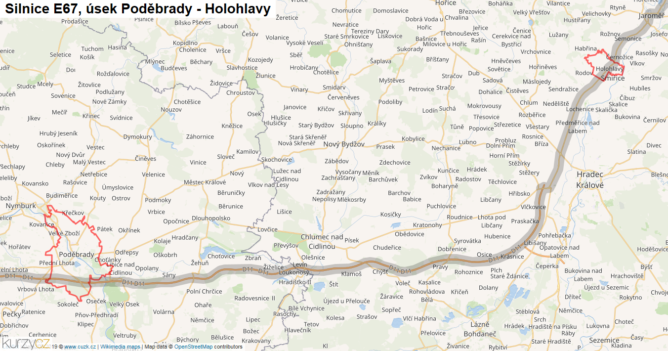 Úsek Poděbrady - Holohlavy, Silnice E67 - Mapa